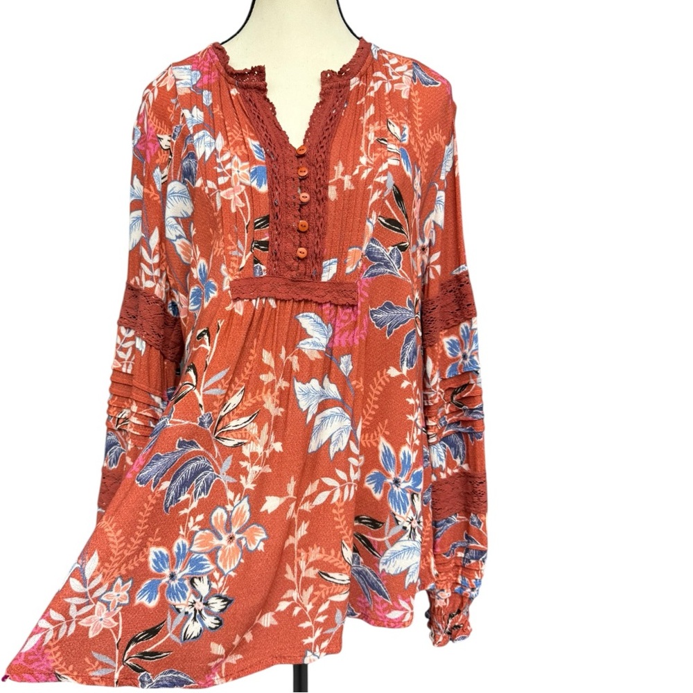 Sundance Rust Floral Lace Peasant Blouse Size Large Boho Peasant Blouse - Picture 8 of 11